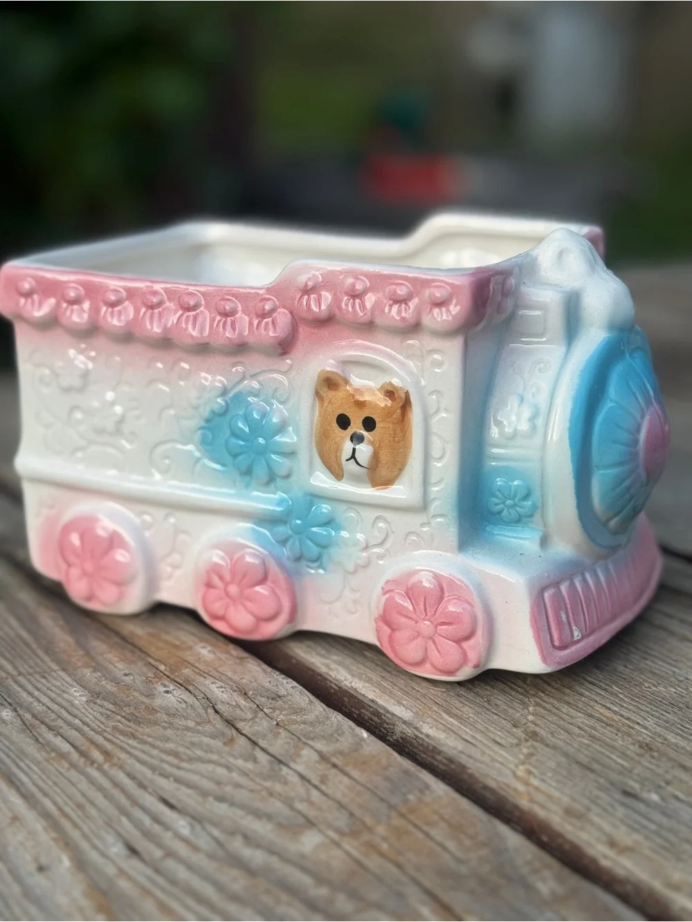 Vintage Ceramic Bunny Train Planter - Pastel Pink & Blue - Picture 3 of 5